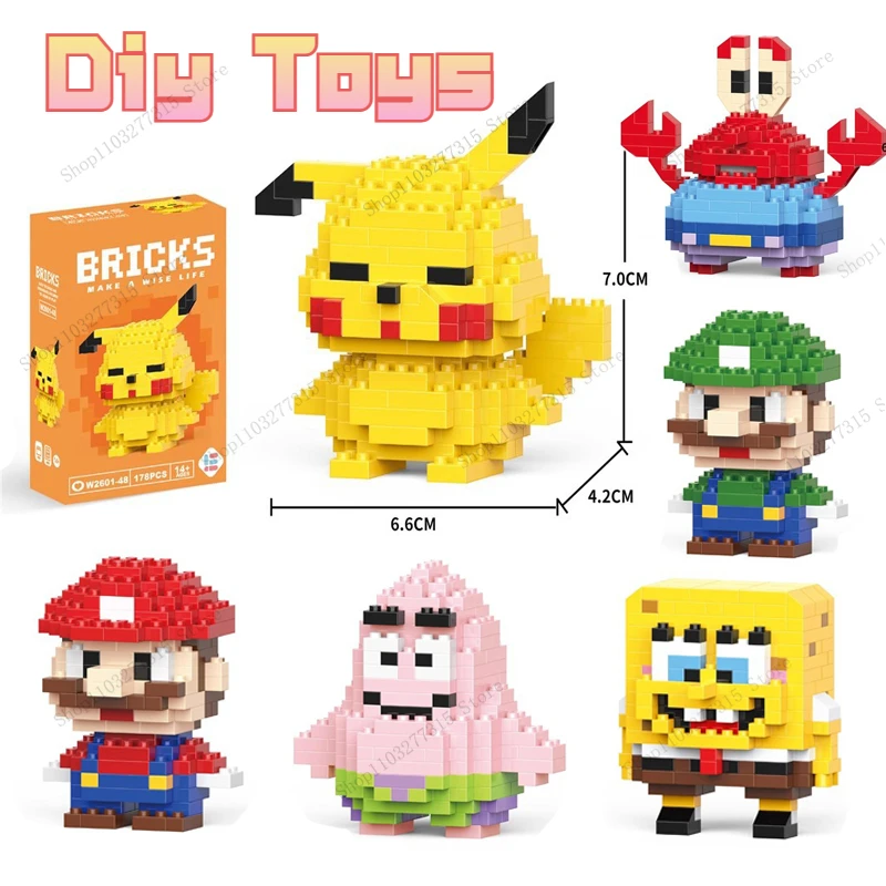 Pikachu Doll Building Blocks Mario Patrick Star Animal Model Small Particles Assembled DIY Puzzle Pokemon kids birthday gifts