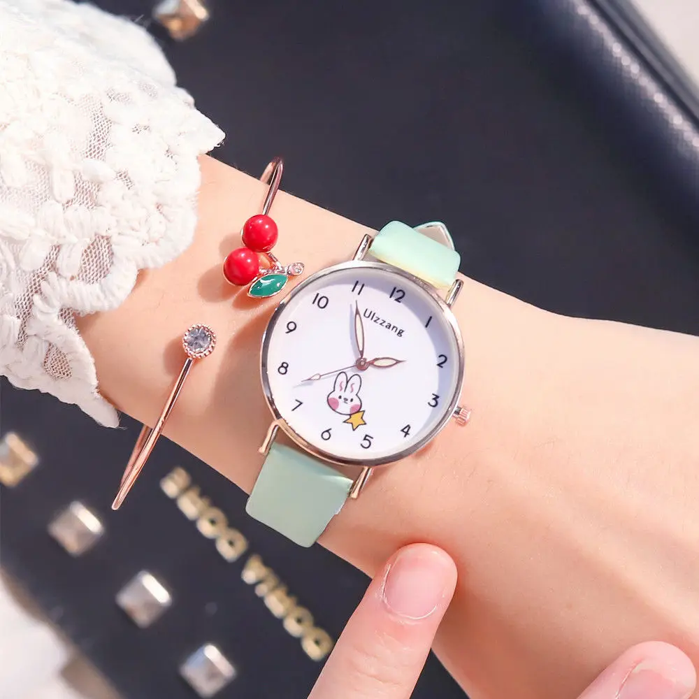 Girls Watch Set with Bracelet Cute Little Girl Student Rabbit Dial Leather Quartz Luminous Analog Children Watches Birthday Gift