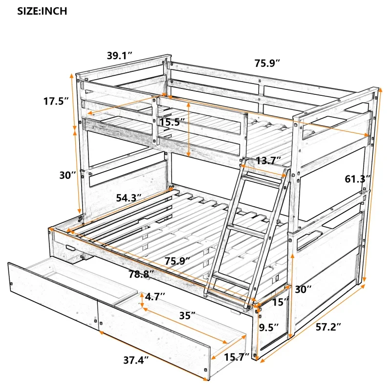 Twin Over Full Bunk Bed with Storage, With Handrail Staircase, Suitable For Bedrooms, Children\'s rooms - Espresso