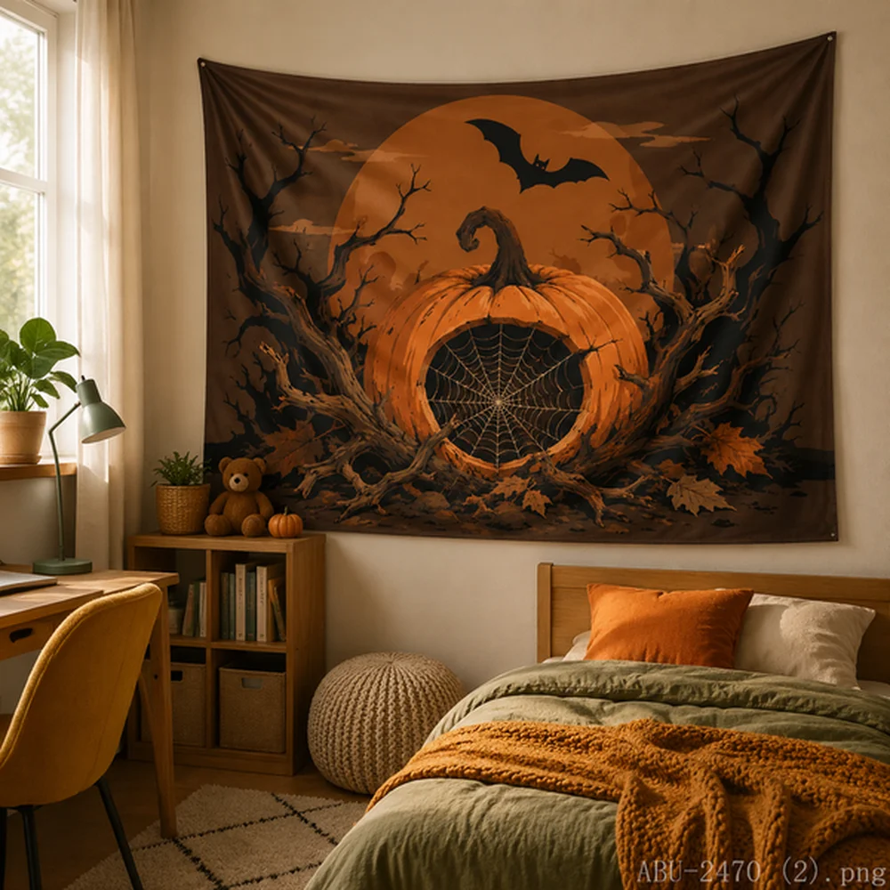 VIKAMA Halloween Tapestry, Giant Spider Web and Jack-o-lantern, Creepy Crawly Theme Wall Art for Halloween Party Decor