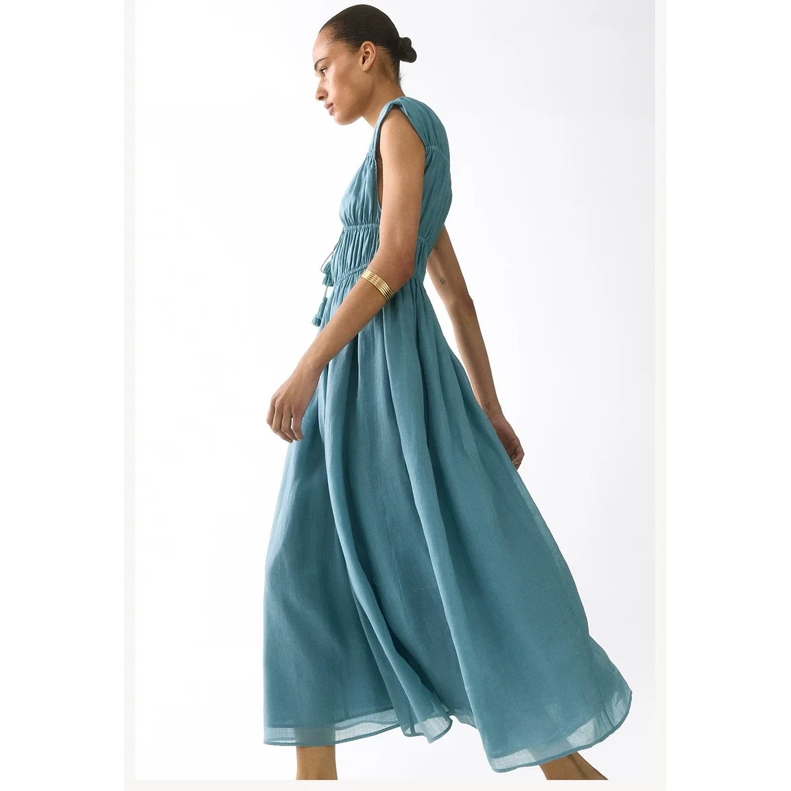 Fashionable Drawstring Design Dress Elegant Versatile Women's Clothing H-Line V-Neck Casual Summer Polyester Fibre Gown