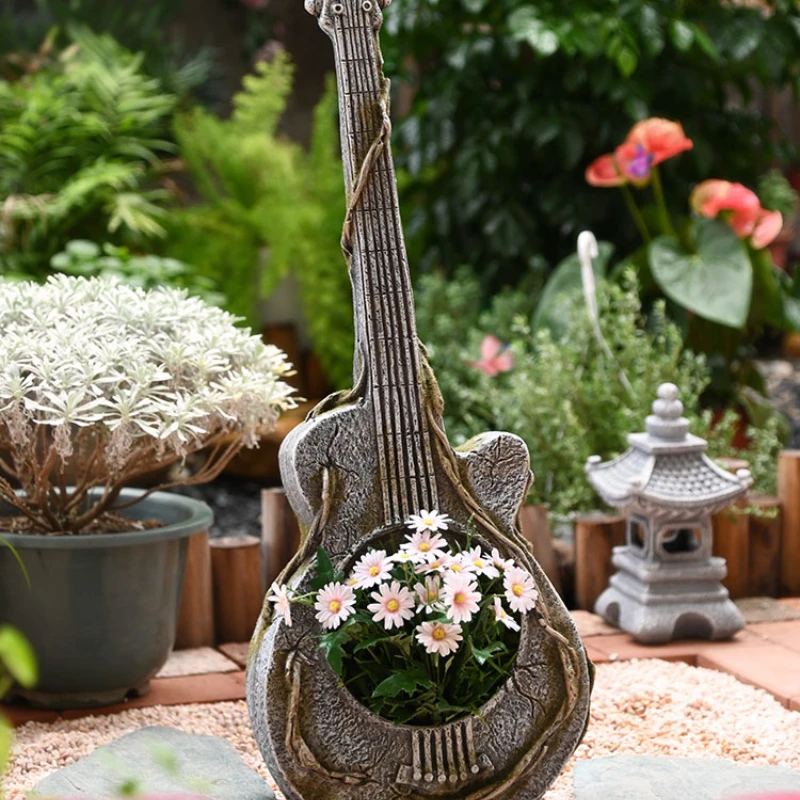 

Retro outdoor Guitar Art flowerpot green plant potted garden decoration courtyard large decoration landing balcony layout