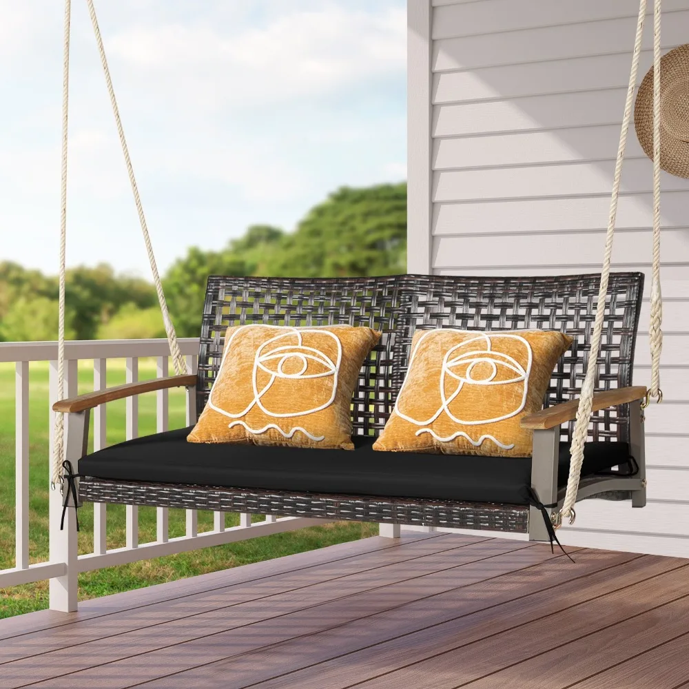 

2-Person Patio Rattan Hanging Swing Chair Porch Loveseat Cushion Black