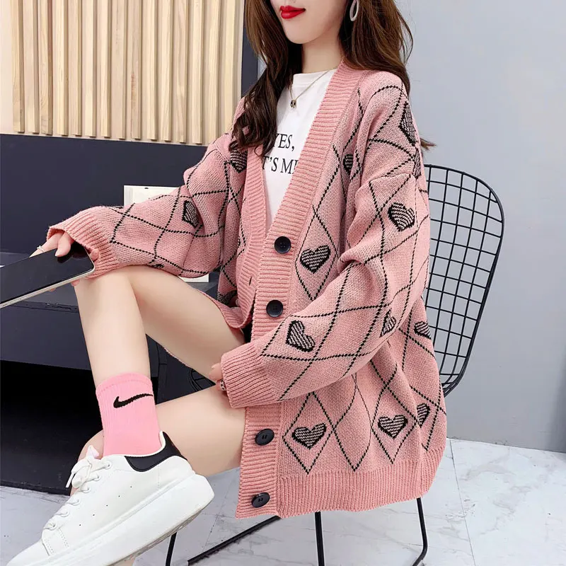 Koreański sweter rozpinany z dzianiny, luźny krój, damski, wiosenno-jesienny, cienki kardigan, długi, ciepły, wygodny krój, odzież wierzchnia.