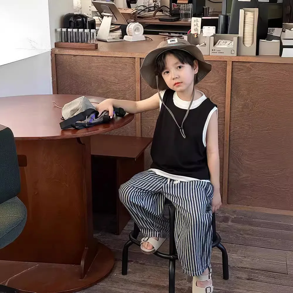 

Children Clothing Fashion Casual Straight Pants 2024 Summer Boys Girls All Matching Vertical Stripe Thin Comfortable Jeans