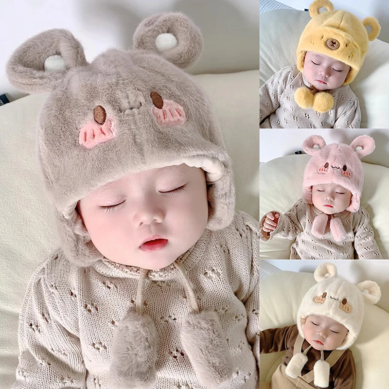 Cute Capybara Winter Warm Kids Girl Boys Hats Fleece Wool Hemming Caps With Ball Wool Ear Protection Hats Soft Newborn Bonnet