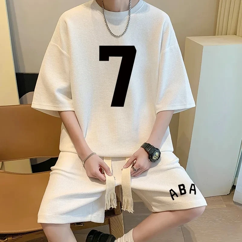 Summer Oversize Casual Fashion Tracksuit Loose Jogging Waffle Suit Men Loose Short-sleeve Tshirt + Sports Shorts 2pcs Set Outfit