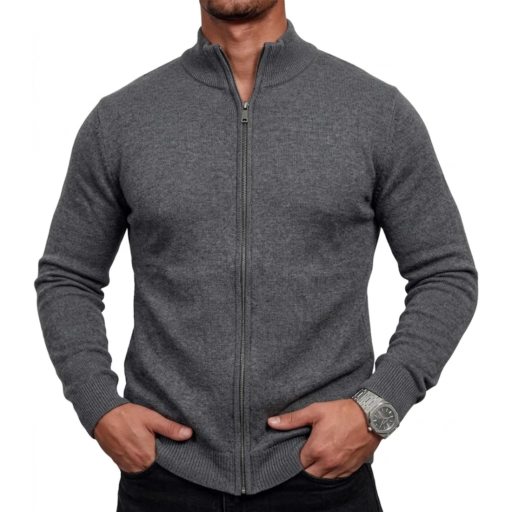 Herren-Strickjacke mit hohem Kragen und Reißverschluss, langärmelig, lässige Strickjacke, Mantel, Thermo-Strickware, Winter-Oberbekleidung mit Stehkragen – Detail 7