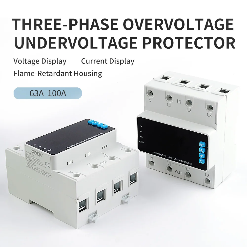 Three-Phase Over Voltage and Under Voltage Overcurrent Protector 63A 100A Din Rail Adjustable Digital Display Protection Device