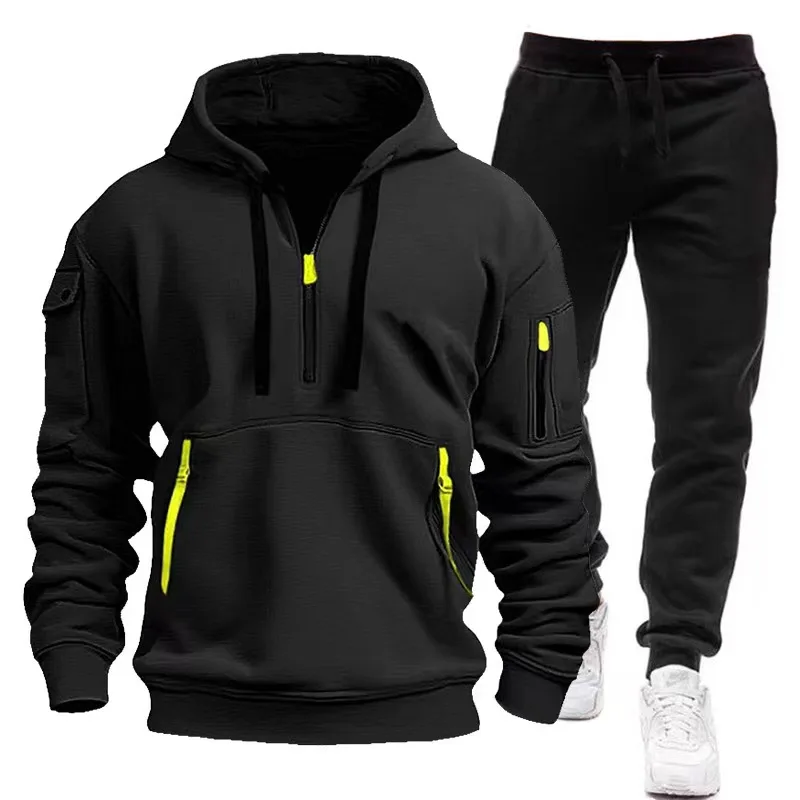 2024 Spring and autumn men\'s new multi-pocket zipper hoodie + casual sports pants two-piece jogging winter sports suit