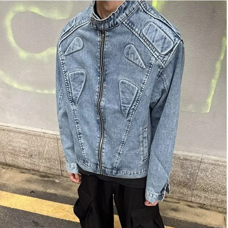 

Men Solid Padded Shoulder Denim Jackets Fashion Motorcycle Vintage Stand Collar Jeans Jackets Casual Zipper Blue Coats