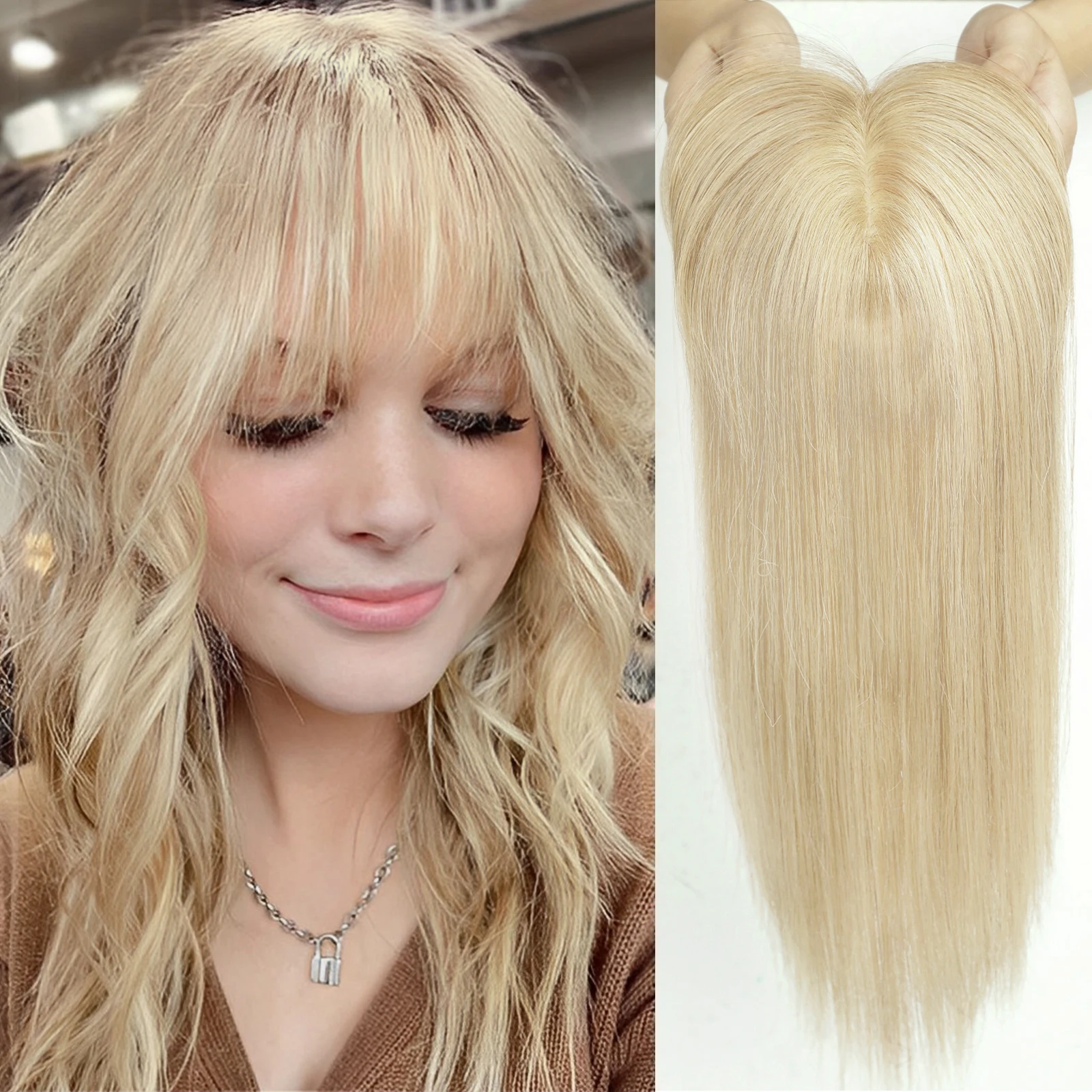 

100% Remy Human Hair Topper for Women 10 Inches Blonde Human Hair Pieces Topper With Bangs Silk Base Human Hair Extension