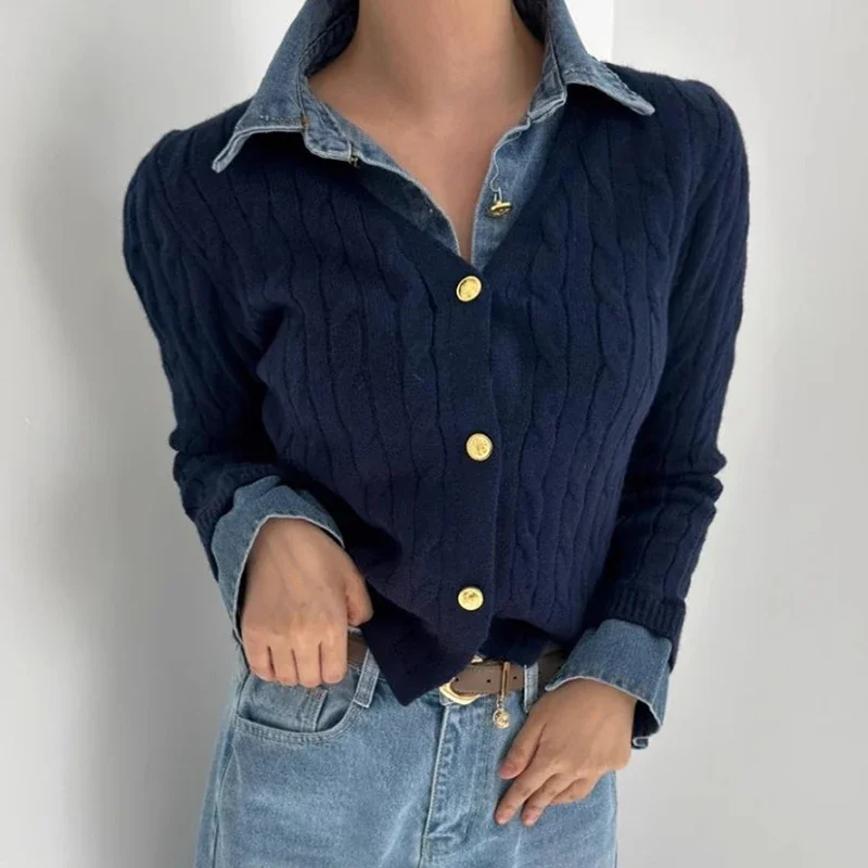 Gagaok koreanische Mode gestrickte Strickjacke Mantel Metall einreihige Nähte Jeans gefälschte zwei gebratene Teig Twists Pullover Top