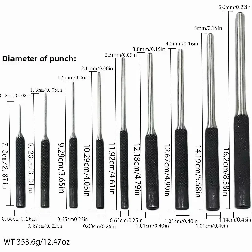 9Pcs Roll Pin Punch Set High Hardness Steel Gunsmith Tool Kit