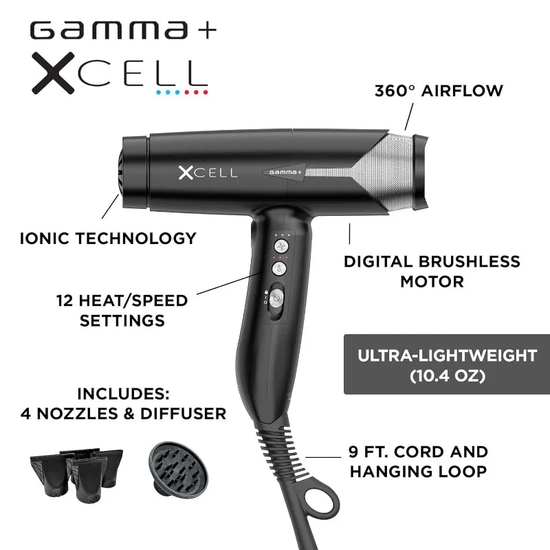 GAMMA XCell Professional เครื่องเป่าผมน้ําหนักเบาพิเศษมอเตอร์ดิจิตอลเทคโนโลยีไอออนิกกระซิบเงียบ 12 ความร้อน/ความเร็ว