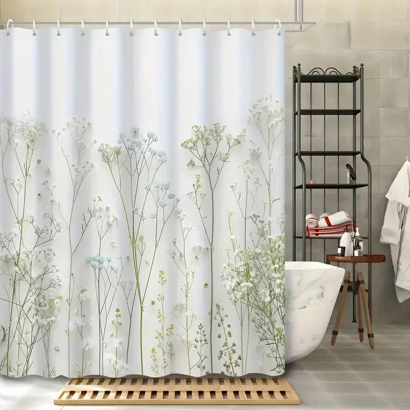 

Rustic White & Green Floral Shower Curtain - Botanical Print, Wave Fold Top, 12 Hooks, Machine Washable Polyester Bath Decor