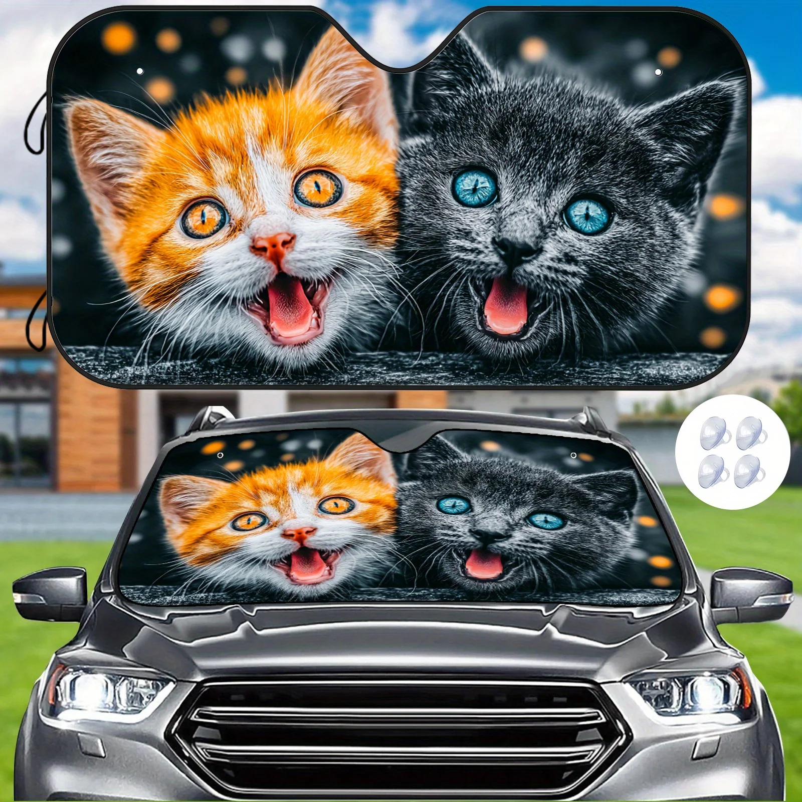 Adorable Cat Car Sunshade With Close-Up Meow Star Design, Heat-Resistant & UV Protection, Temperature Control, Includes Installa