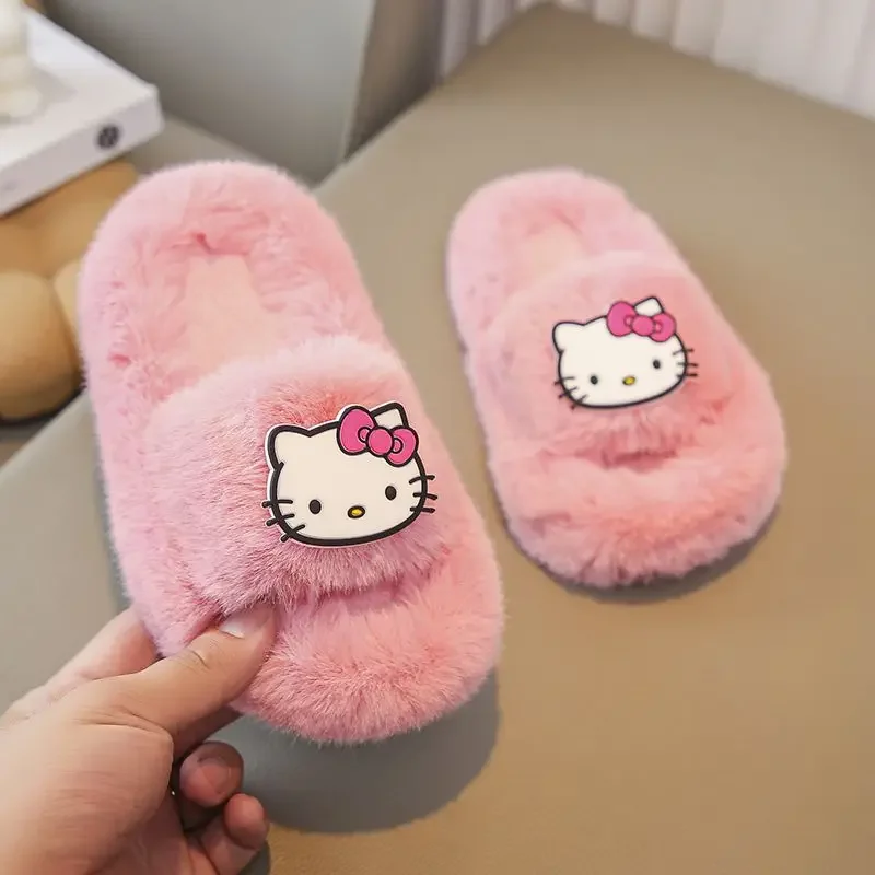 Anime Cartoon Hello Kitty Plush Slippers for Girls Children's Home Shoes Thick-soled Cotton Kawaii Kids Winter Slipper Shoes