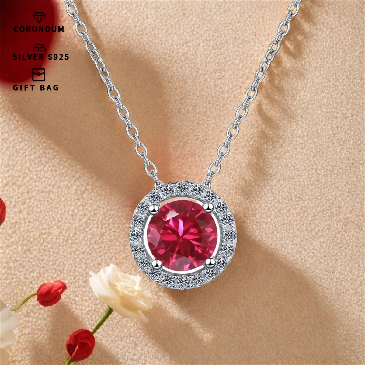 S925 silver plated platinum 0. 5ct/1ct/2CT Men's & Women's pendant inset round red corundum chain luxury fine jewelry gifts