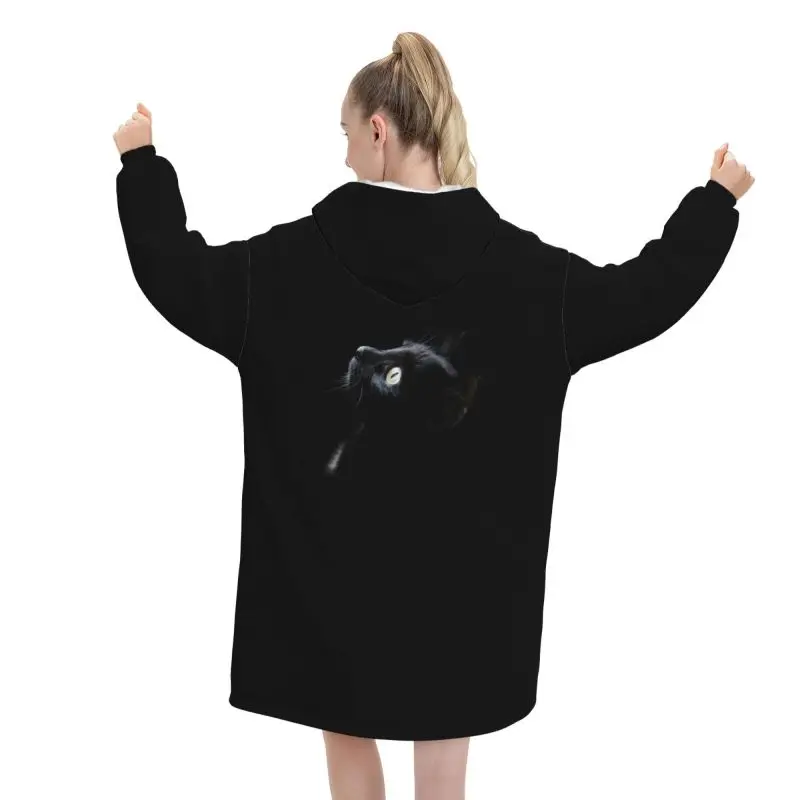 Black Cat Looking Up Blanket Hoodie Cute Women Wearable Sweatshirts Pullover Winter Warm Fleece Hooded Blanket