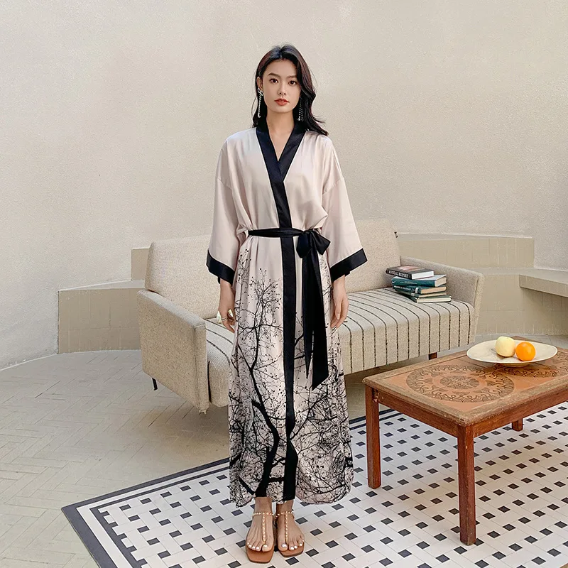 

2023 Women Satin Long Robe Kimono Spring Summer Robe Bath Robe Sexy Chinese Style Bathrobe
