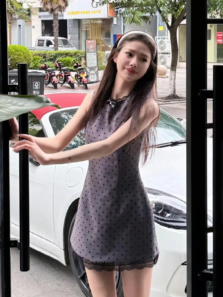 

Ele Summer New Women's Design Lace Splicing Polka Dot Color Blo Diamond Embellied Svel Slimming Dr