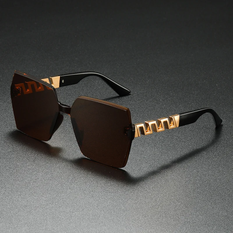 Lässige quadratische Sonnenbrille für Damen, Marken-Metallbügel, große randlose Sonnenbrillen, Reise- und Party-Mode, UV400-Schutz