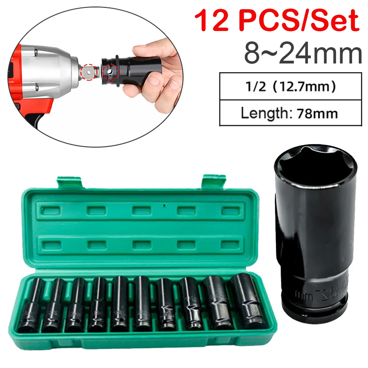 1/2 Impact Socket Set Pneumatic Wrench Head 8-24mm Long Socket Spanner Head Key Kit Mechanical Workshop Electrical Tools