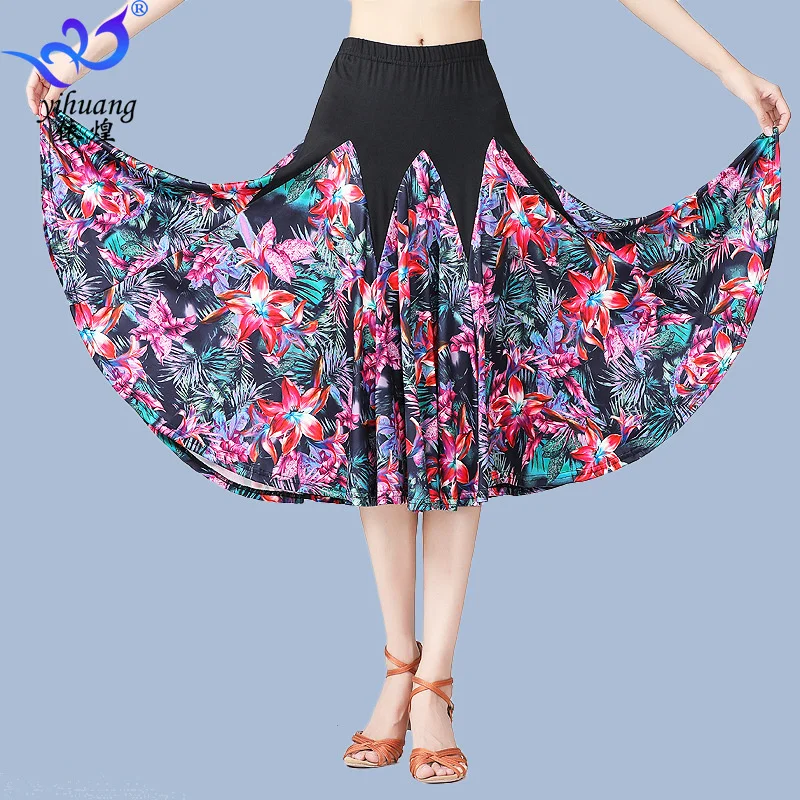 Elegant Womens Latin Ballroom Dancing Skirt Waltz Dance Party Long Swing Printed Large Skirt Dance Dress