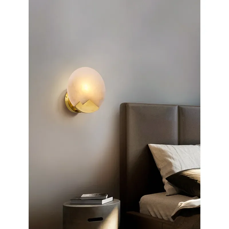 Modern Nordic Wall Lamp Solid Copper Marble Sconce Creative Bedroom Bedside Light Minimalist Hallway Staircase Aisle Decor