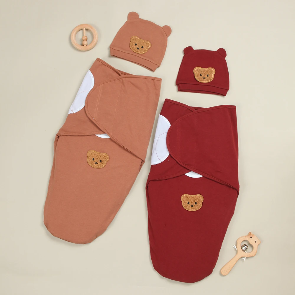 

2 Pack Infant Swaddle Blankets and Baby Hats, Soft Solid Baby Swadding Wrap for 0-3 Months, Swaddle Design Imitates the Shape