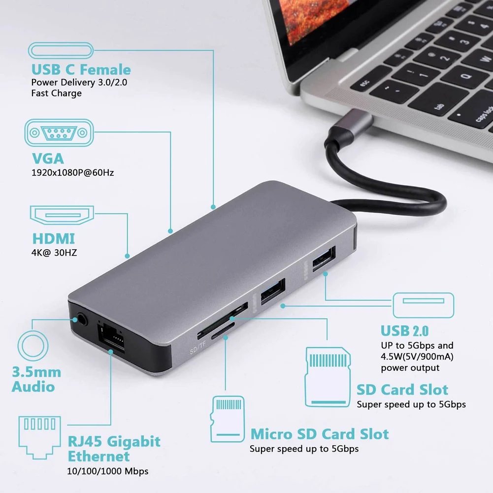 9in1 Type C Hub RJ-45 VGA HDMI-Compatible Ports USB C Dongle 2 USB2.0 & 1 USB C PD 100W Ports 3.5mm Audio AUX