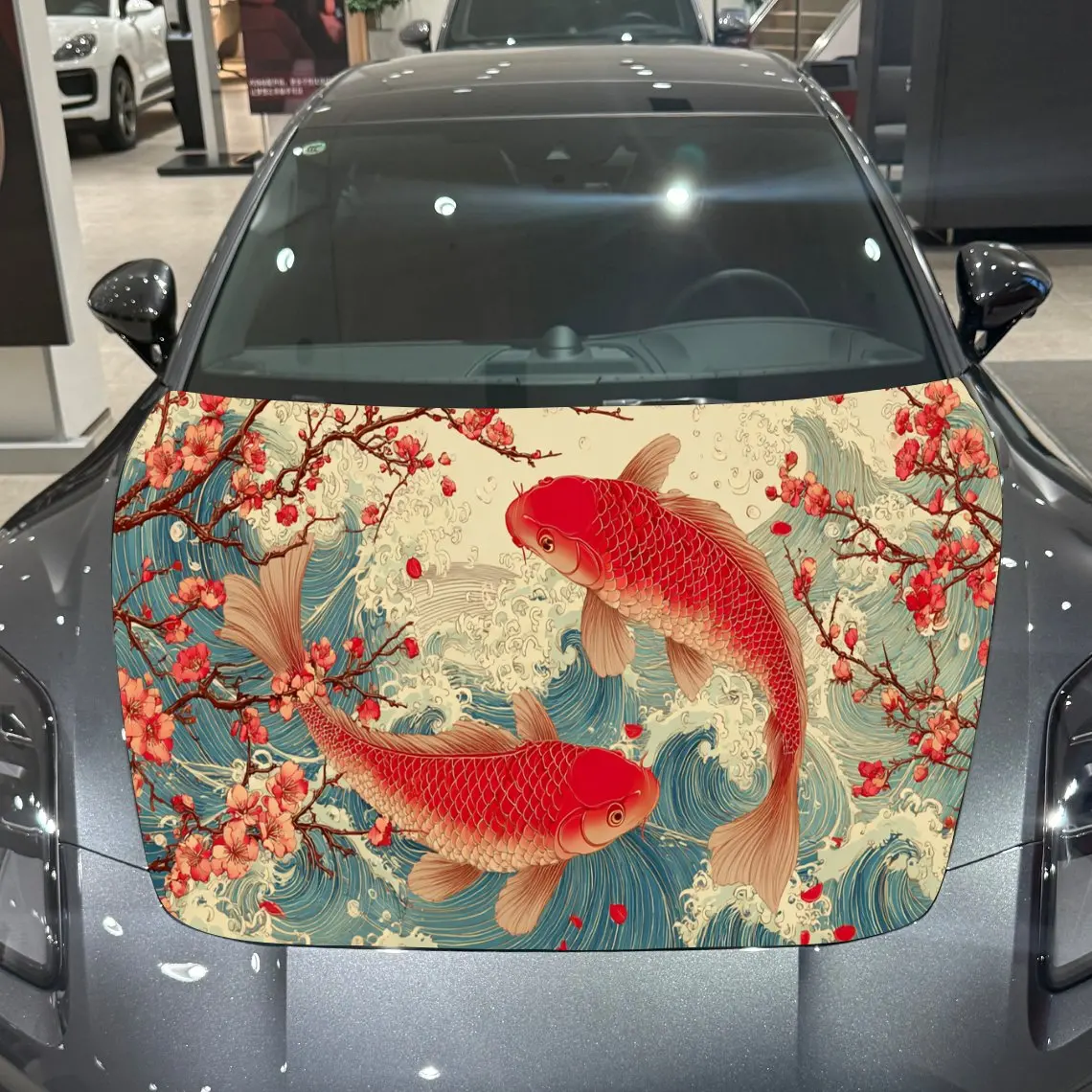 

Japanese Koi Fish Plum Blossom Art Aesthetic Scene PVC Car Hood Wraps, Self-Adhesive Waterproof Car Bonnet Decal Sticker, Car De