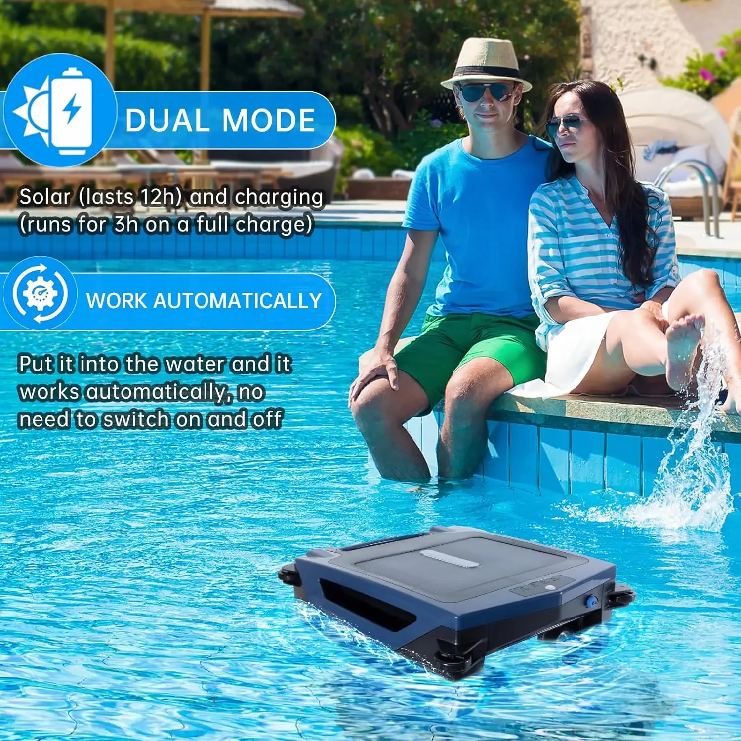 BEAUGATHER-Robot limpiador de superficie de piscina Solar, recargable, modo Dual, inalámbrico, cesta inteligente para Skimmer de piscina