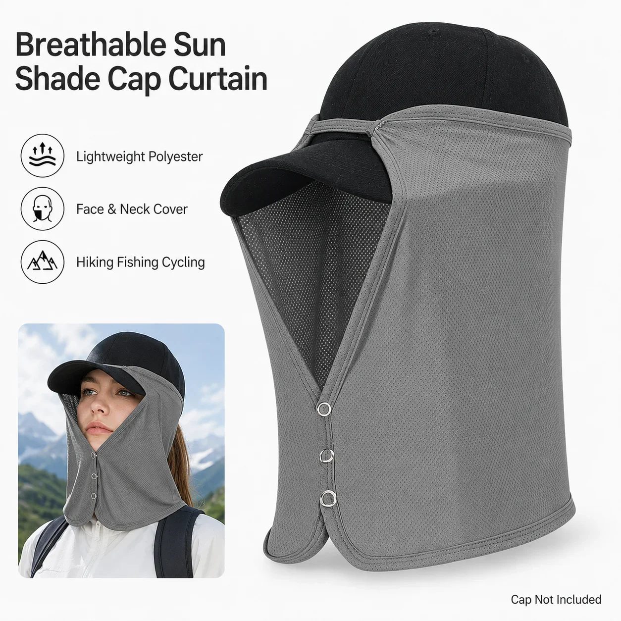 Eisseiden-Sonnenhut mit Polyester-Kühlflap für Gesicht und Nacken, mit Druckknöpfen für Männer und Frauen, zum Angeln, Wandern, Radfahren, Reisen, ohne Kappe