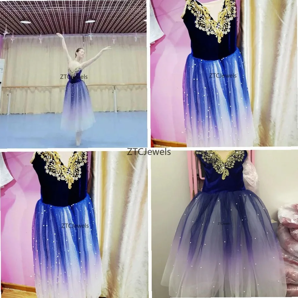 

Gradient Blue Ballet Tutu Dress Professional Long Cosplay Ballerina Costume for Women Girls Party Dance Performance
