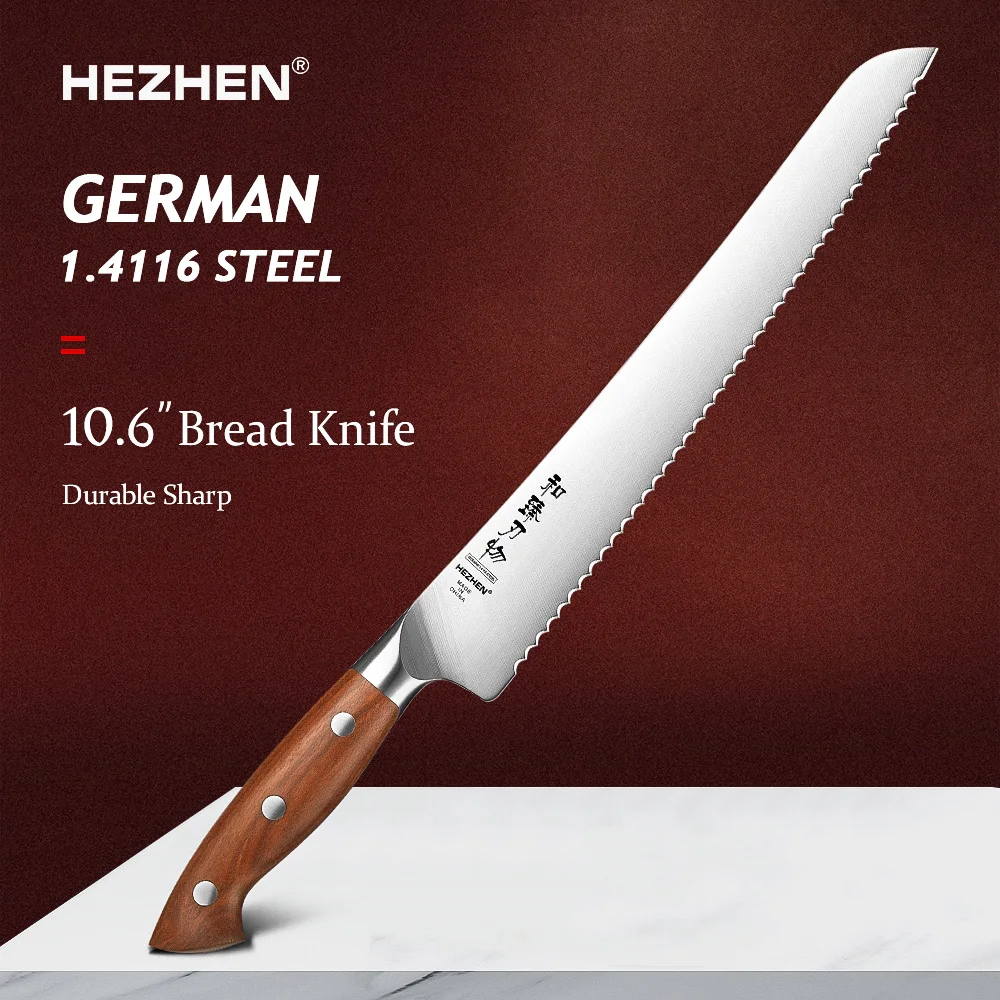 

HEZHEN 10.6 Inches Bread Knife German 1.4116 Steel Kitchen Knife Cutter Kitchen Tools 56-58 HRC Gift Box Redwood Handle