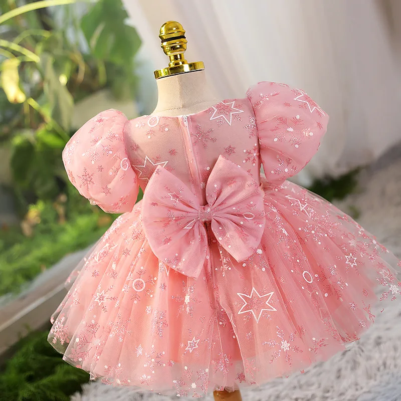

Children Eid Luxury Birthday Party Dress for Girls Mesh Tulle and Bow Fluffy Short Evening Gowns Kids Formal Cute Gala Dresses