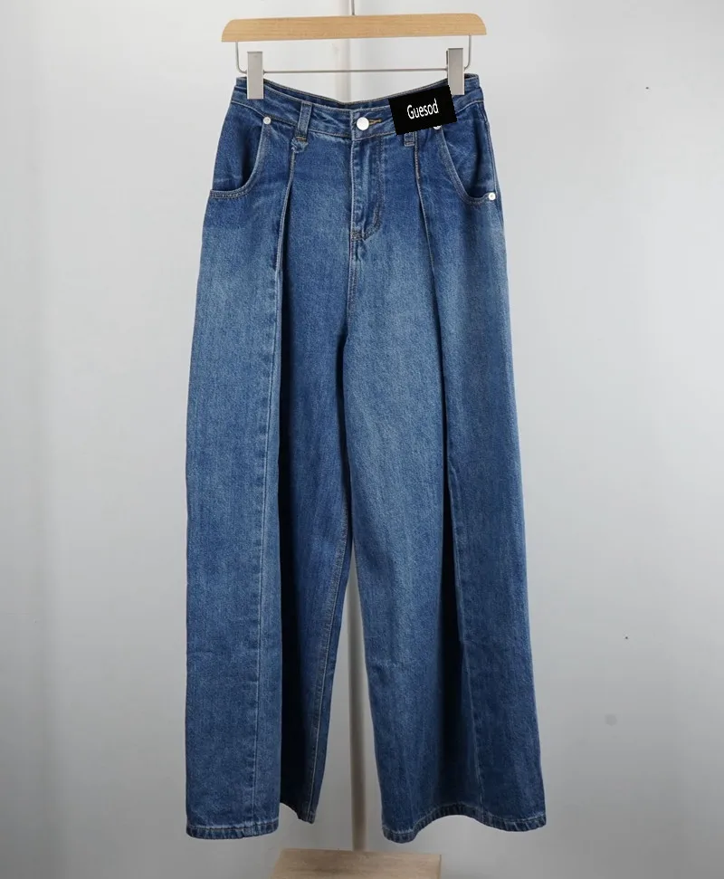 Women's Wide Leg Denim Pants, Folds, Long Pants, Laziness Style Jeans, Malposition Pockets, Female Long Pants, Winter, 2024