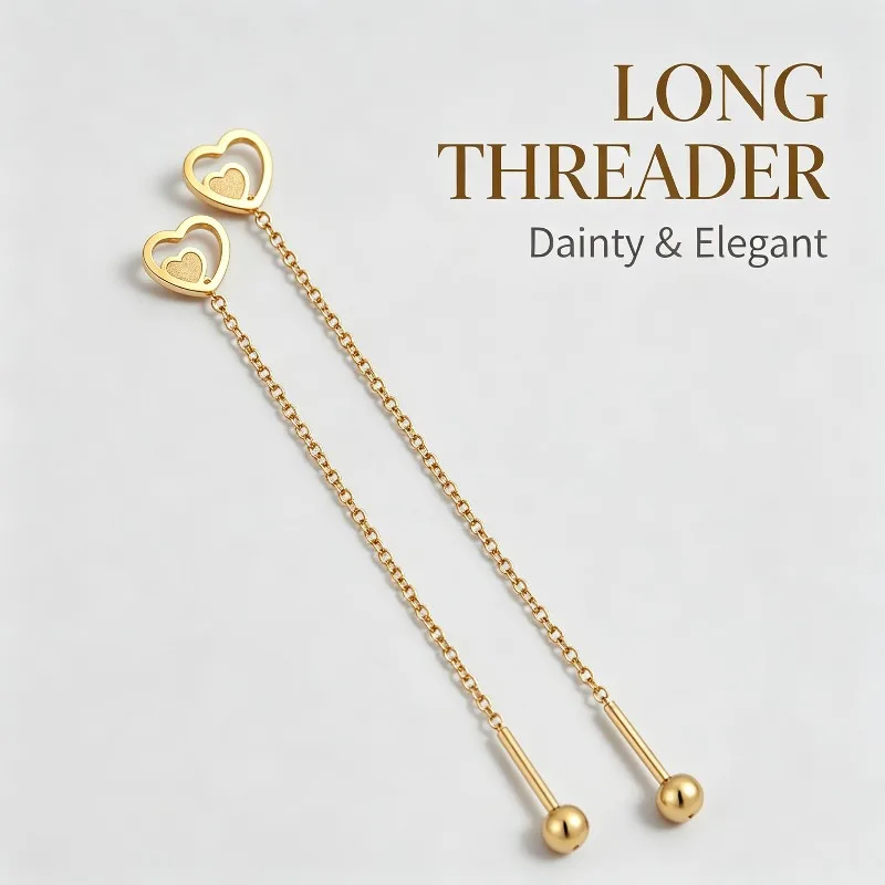 Heart Threader Earrings for Women Korean Sweet Stainless Steel Gold Color Long Chain Tassel Drop Earrings Elegant Jewelry Gift