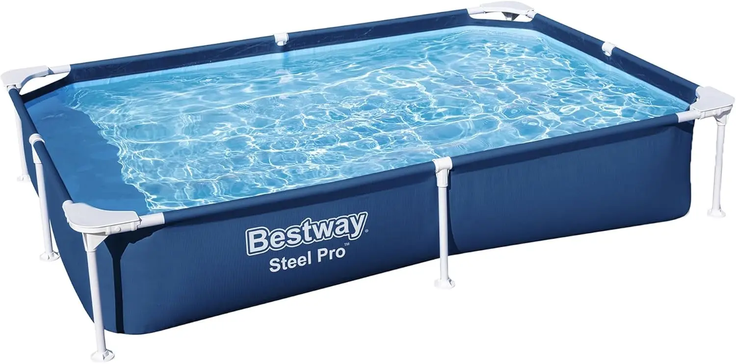 Steel Pro 87 Inch x 59 Inch x 17 Inch Rectangular Metal Frame Above Ground Outdoor Backyard Swimming Pool, Blue