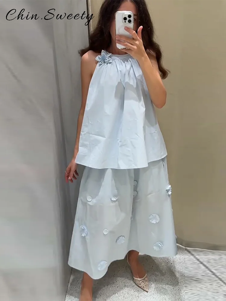 Moda 3d decalque saias longas define feminino solto o-pescoço sem mangas colete cintura elástica a linha saia plissada 2025 verão senhora ternos