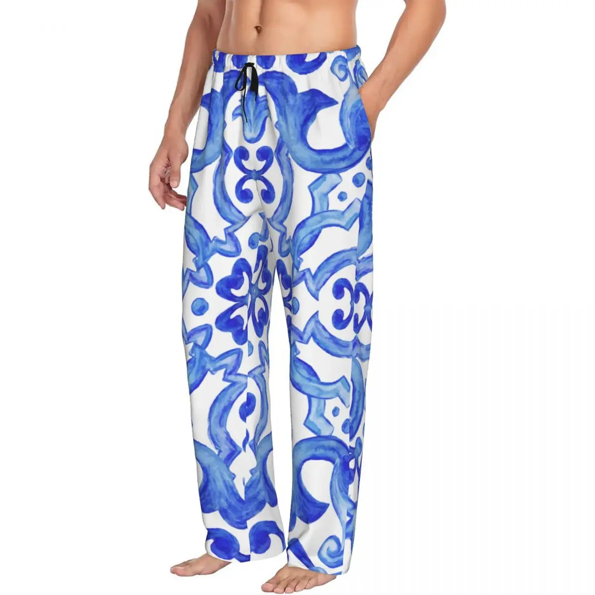 Calças de pijama estampadas personalizadas masculinas, azulejo oriental em tons de pijamas de cor azul índigo, fundo de lounge com bolsos