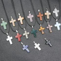 Natural Stone Cross Necklace Pendant Healing Crystals Gemstone Women Sweater Chain Crystal Charm Jewelry 1Pc with String