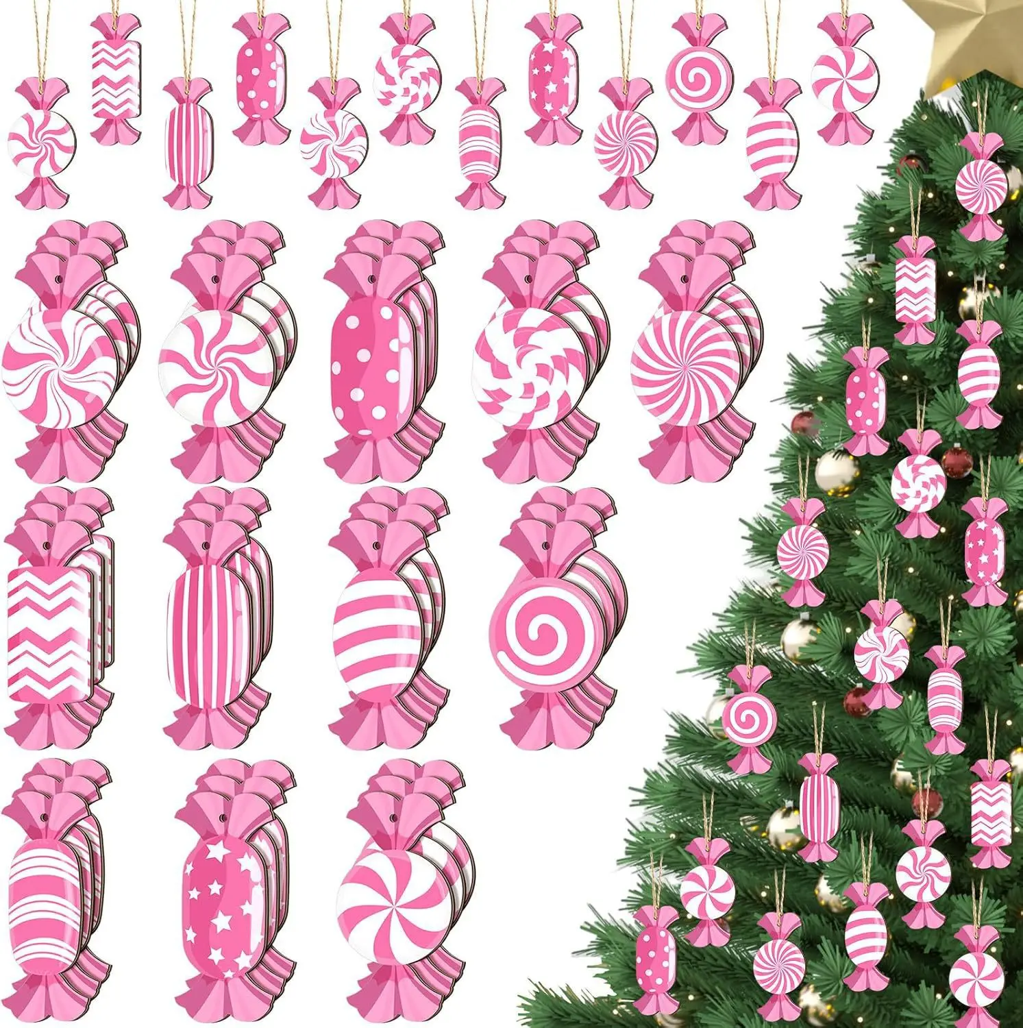 24pcs Christmas Pink Candy Ornaments White Pink Candy Christmas Tree Decorations Christmas Theme Party Supplies Christmas Tree P