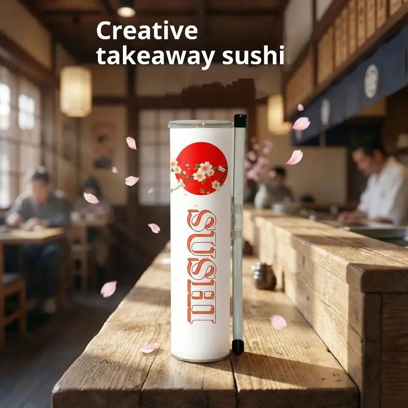 Runde Sushi-Box mit Saucenstrohhalm, lebensmittelechte Sushi-Form, Kegel-Push-Up-Papiereimer, Verpackung, Papierbox, Bento-Zubehör