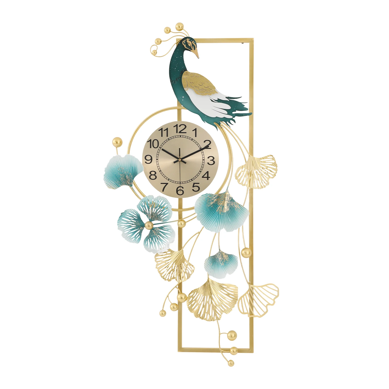 

Metal Artistic Gold Peacock Ginkgo Inspired Wall Clock with Silent Movement, Wall-Mounted, Decor and Timepiece for Home/Hotel