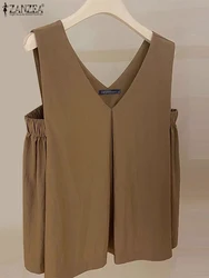 ZANZEA Women Solid Color Tank 2024 Summer Holiday V-neck Camis Holiday Sleeveless Tank Tops Fashion Casual Loose Pleating Vests