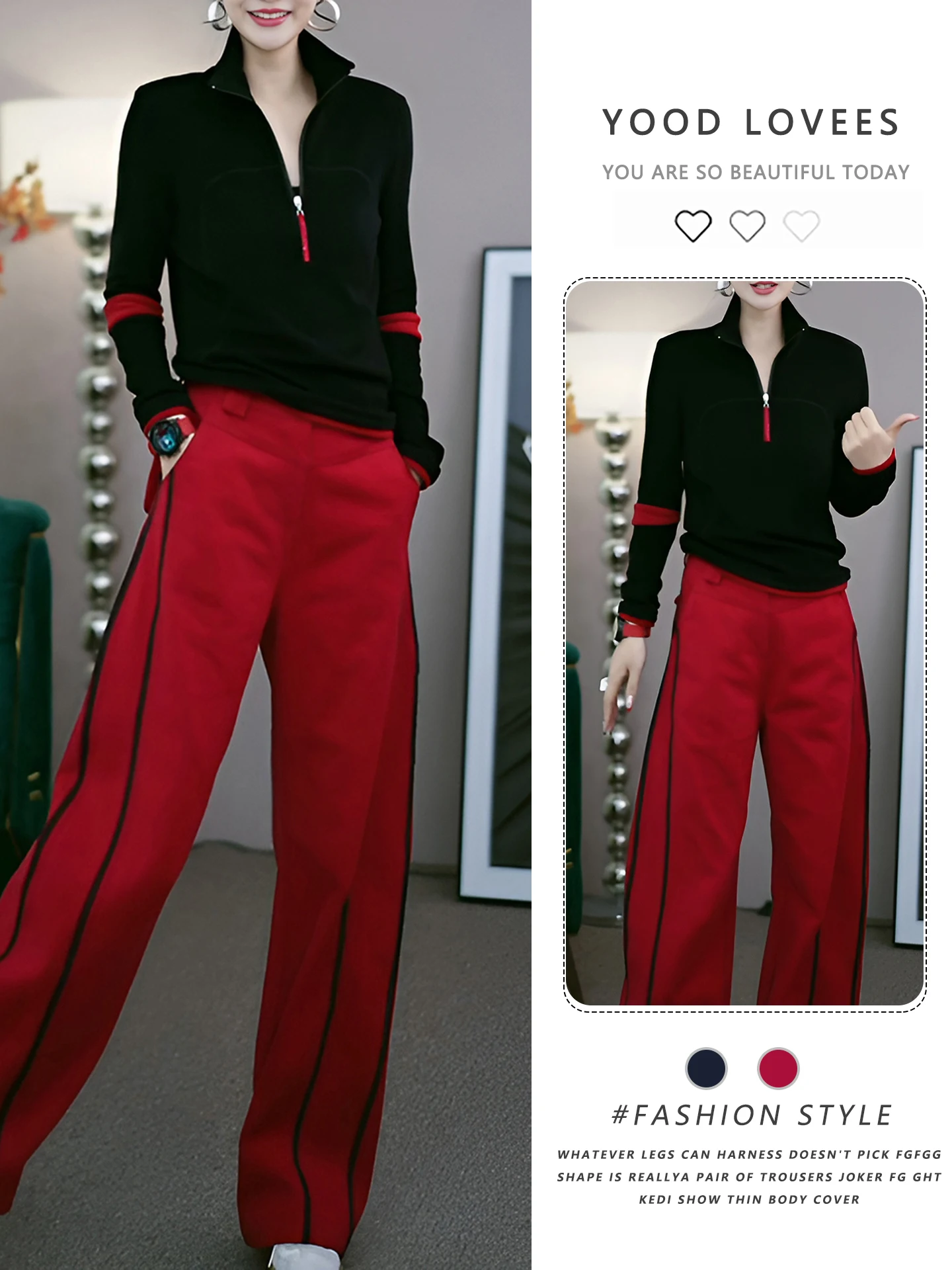 

Black Red Color Block Long Sleeve Top And Straight Leg Pants Two Piece Set Anti-Aging Autumn Winter Fashion Women's Ensemble