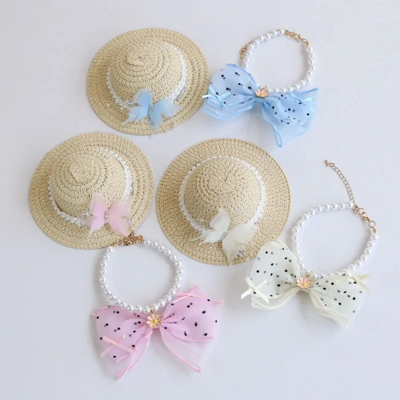 Cute Summer Pet Straw Bucket Hat Adjustable Sunscreen Cap for Small Medium Dogs Cats Puppy with Butterfly Pearl Bow Collar Set